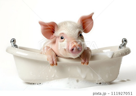 A young piglet happily washes himself in the bathtub 111927051