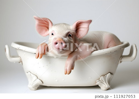 A young piglet happily washes himself in the bathtub A young piglet happily washes himself in the bathtub 111927053