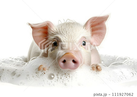 A young piglet happily washes himself in the bathtub 111927062