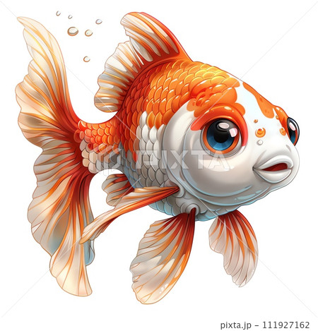 The image depicts a colorful fish with orange and blue fins, a white face, and brown around its eyes. It has a scared expression and is swimming in the water.  111927162