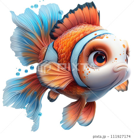 The image depicts a colorful fish with orange and blue fins, a white face, and brown around its eyes. It has a scared expression and is swimming in the water.  111927174