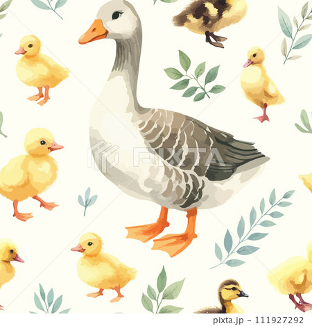 Seamless watercolor pattern goose and little ducklings with sprigs of leaves. Seamless watercolor pattern goose and little ducklings with sprigs of leaves. 111927292