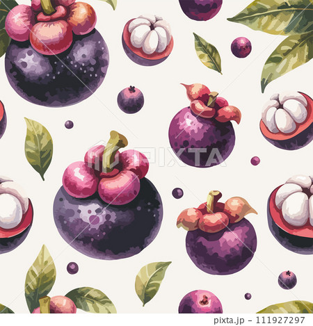 Seamless vector watercolor pattern of tropical mangosteen fruit. Mangosteen, passion fruit. Seamless vector watercolor pattern of tropical mangosteen fruit. Mangosteen, passion fruit. 111927297
