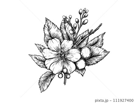 Boutonniere of wild rose flowers and berries 111927400