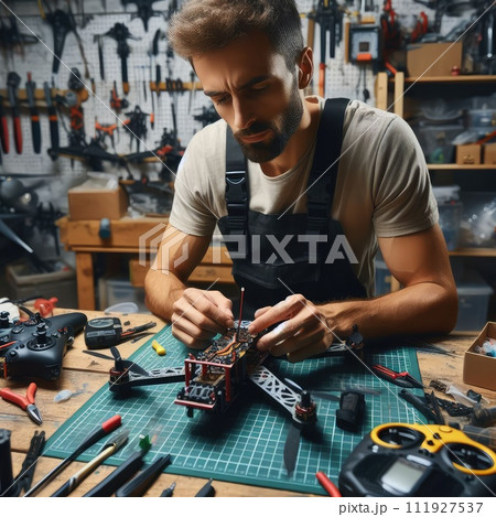 Engineer working on racing fpv drone combat kamikaze bomber in workshop. Engineer working on racing fpv drone combat kamikaze bomber in workshop. 111927537