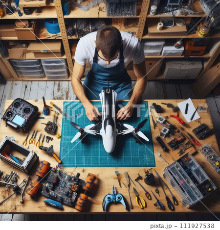 Engineer working on racing fpv drone combat kamikaze bomber in workshop. 111927538