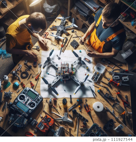 Engineer working on racing fpv drone combat kamikaze bomber in workshop. Engineer working on racing fpv drone combat kamikaze bomber in workshop. 111927544