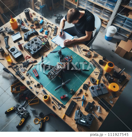 Engineer working on racing fpv drone combat kamikaze bomber in workshop. Engineer working on racing fpv drone combat kamikaze bomber in workshop. 111927545