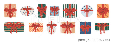 Gift boxes. Birthday presents with silk bows, hand drawn wrapped gift boxes top view flat vector illustration set. Holidays gift boxes collection Gift boxes. Birthday presents with silk bows, hand drawn wrapped gift boxes top view flat vector illustration set. Holidays gift boxes collection 111927563
