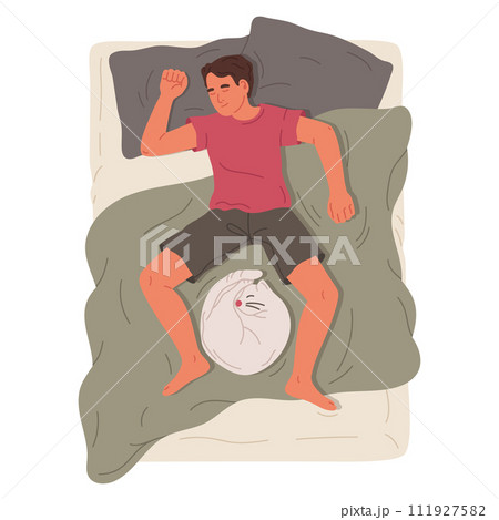 Hand drawn sleeping man. Male character resting in bed with cute cat, guy and his pet relaxing in cozy bed flat vector illustration. Sleeping person on white Hand drawn sleeping man. Male character resting in bed with cute cat, guy and his pet relaxing in cozy bed flat vector illustration. Sleeping person on white 111927582