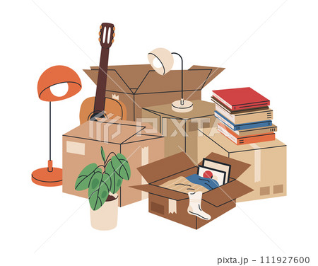 House moving boxes. Cardboard cargo boxes with clothes, books and potted plants, stacked boxes with goods flat vector illustration. New home moving stuff packages on white 111927600