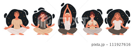 Meditating people. Man and woman in yoga lotus pose, meditation practice and stress relief flat vector illustration set. Meditation and breath exercise 111927616