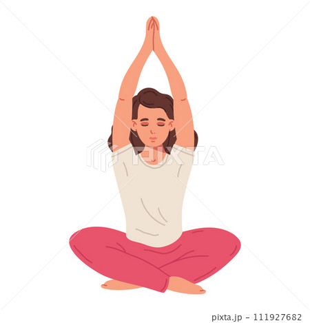 Woman in yoga pose. Female character meditating in yoga lotus pose, meditation, calm and tranquility flat vector illustration. Meditating girl Woman in yoga pose. Female character meditating in yoga lotus pose, meditation, calm and tranquility flat vector illustration. Meditating girl 111927682