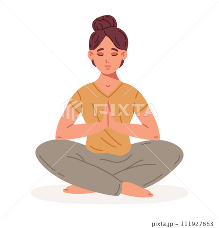 Woman sitting in yoga lotus pose. Meditation female character, stress relief and meditation flat vector illustration. Tranquil human meditation 111927683