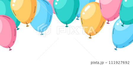Balloons background. Happy birthday air balloon decorations, helium air balloons holidays celebration decor flat vector illustration. Glossy balloons pattern Balloons background. Happy birthday air balloon decorations, helium air balloons holidays celebration decor flat vector illustration. Glossy balloons pattern 111927692