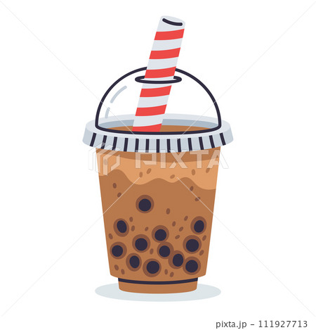 Bubble milk tea cup. Hand drawn chinese tapioca pearls boba tea or coffee drink, taiwan milk tea, soft drink flat vector illustration. Bubble tea cup 111927713