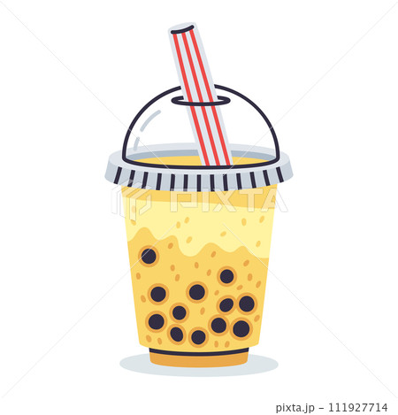 Bubble milk tea. Hand drawn taiwan milk tea cup, tapioca pearls boba tea, delicious soft drink cup vector illustration on white background 111927714