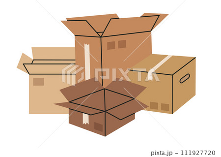 Cargo boxes. Hand drawn carton boxes, warehouse cardboard boxes stack. Open empty boxes flat vector illustration on white Cargo boxes. Hand drawn carton boxes, warehouse cardboard boxes stack. Open empty boxes flat vector illustration on white 111927720