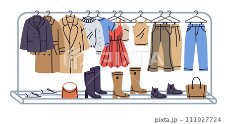 Clothes hanging on hanger rail. Trendy clothing on store hangers, shoes and bags boutique assortment, stylish clothes and accessories flat vector illustration. Fashion clothes rack 111927724