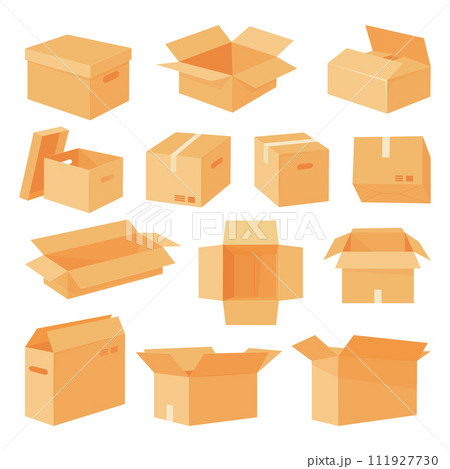 Delivery boxes. Cartoon cardboard delivery box, open and closed shipping package, parcel boxes flat vector illustration set. Carton boxes collection 111927730