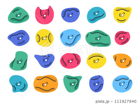 Alpinism climbing wall hooks. Climbing grips, multicolored holds for rock climbing walls, alpinism training crimps flat vector illustration set. Plastic grippers for climbing Alpinism climbing wall hooks. Climbing grips, multicolored holds for rock climbing walls, alpinism training crimps flat vector illustration set. Plastic grippers for climbing 111927840