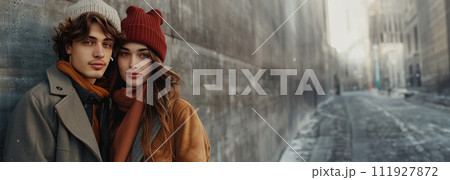 A collage featuring a young couple posing in stylish autumn attire on a horizontal grey image 111927872