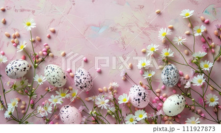 Easter eggs and flowers on a pastel background with ample copy space. 111927873