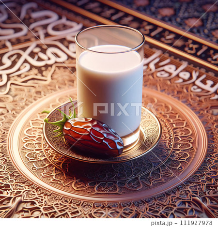 AI-generated content. 3D rendering, Milk glass, date on table, symbolizes the end of Ramadan fast. Serene sunrise backdrop evokes peace, generative ai 111927978