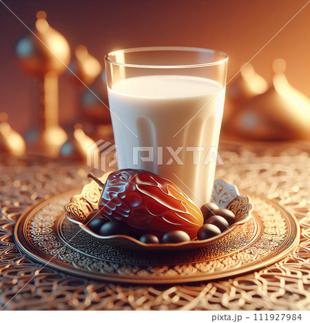 AI-generated content. 3D artistry, Milk glass, date on table, symbolizes the conclusion of Ramadan's fast. Serene sunrise backdrop radiates peace, generative ai 111927984