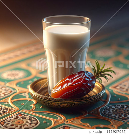AI-generated content. 3D image depicts, Milk glass, date on table, symbolizing Ramadan's fast end. Serene sunrise brings peace and tranquility, generative ai 111927985