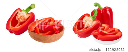 slices of red sweet bell pepper in wooden bowl isolated on white background with full depth of field 111928081
