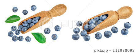 blueberry in wooden scoop isolated on white background. Top view. Flat lay. blueberry in wooden scoop isolated on white background. Top view. Flat lay. 111928095