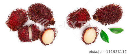 rambutan isolated on white background. Tropical fruit. Nephelium lappaceum. Top view. Flat lay 111928112