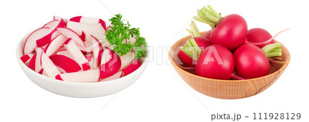 Radish slices in ceramic bowl isolated on white background with full depth of field 111928129