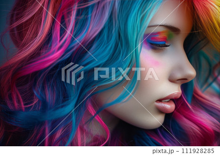 AI-generated content. Close-up portrait of beautiful young Caucasian woman with long wavy hair dyed in different neon colors. Charming female model with perfect makeup and multi-color hairstyle 111928285