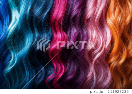 AI-generated content. Close-up view of long wavy strands of hair dyed in different neon colors. Stylist and hairdresser concept. Beauty and diversity. Creative colorful background. AI-generated content. Close-up view of long wavy strands of hair dyed in different neon colors. Stylist and hairdresser concept. Beauty and diversity. Creative colorful background. 111928286