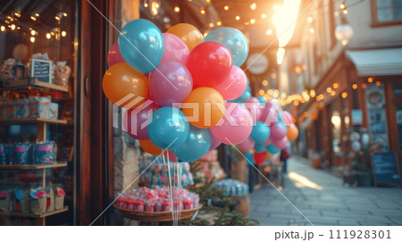 AI-generated content. Shop window decorated with lots of colored balloons. Festive decoration of a street in typical European city. Holiday sale. 111928301