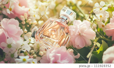 Perfume bottle in flowers, fragrance on blooming background, floral scent and cosmetic product 111928352