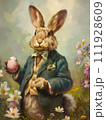 AI-generated content. Watercolor vintage Happy Easter greeting card with cute bunny and colored eggs 111928609