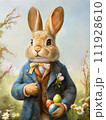 AI-generated content. Watercolor vintage Happy Easter greeting card with cute bunny and colored eggs 111928610