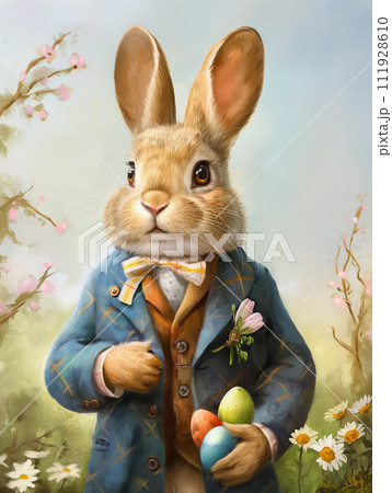 AI-generated content. Watercolor vintage Happy Easter greeting card with cute bunny and colored eggs AI-generated content. Watercolor vintage Happy Easter greeting card with cute bunny and colored eggs 111928610