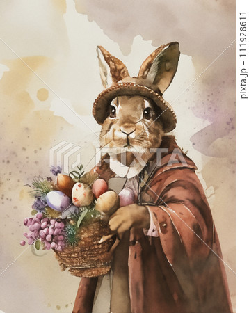 AI-generated content. Watercolor vintage Happy Easter greeting card with cute bunny and colored eggs AI-generated content. Watercolor vintage Happy Easter greeting card with cute bunny and colored eggs 111928611