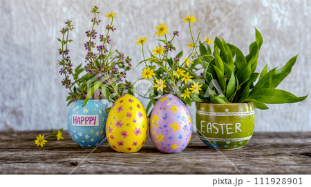 AI-generated content. Colorful Easter Eggs and Fresh Spring Florals Display 111928901