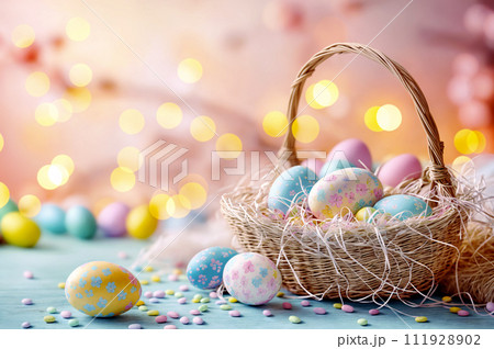 AI-generated content. A picturesque scene of a bountiful basket filled with vibrant Easter eggs, harmoniously adorning a table, capturing the essence of abundance and joy. AI-generated content. A picturesque scene of a bountiful basket filled with vibrant Easter eggs, harmoniously adorning a table, capturing the essence of abundance and joy. 111928902