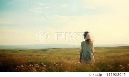 AI-generated content. Vintage image of young lady in a prairie 111928945