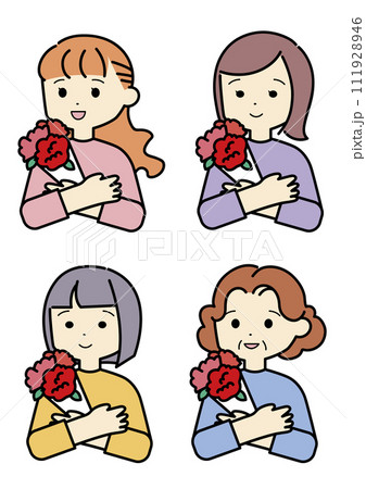 母の日　カーネーションの花束を持つお母さんセット 111928946