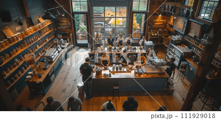 AI-generated content. Coffee Shop Bar Counter Cafe Restaurant Relaxation Concept. People doing workshop in cozy coffee shop art. AI-generated content. Coffee Shop Bar Counter Cafe Restaurant Relaxation Concept. People doing workshop in cozy coffee shop art. 111929018