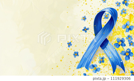 Banner with ribbon loop on a background of yellow and blue flowers - theme of World Down Syndrome Day. Generated AI Banner with ribbon loop on a background of yellow and blue flowers - theme of World Down Syndrome Day. Generated AI 111929306