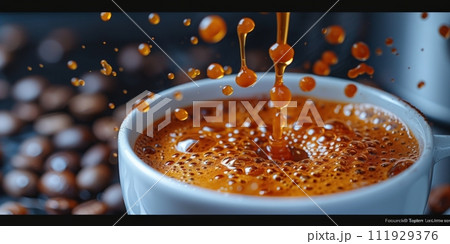 AI-generated content. Close up Flow of coffee drink splashing background 111929376