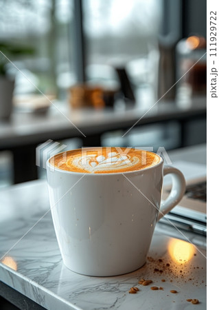 AI-generated content. Coffee break in cozy office and natural background. 111929722
